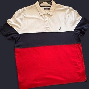 Nautica Men’s Tri-Block Polo Shirt in White, Navy & Red